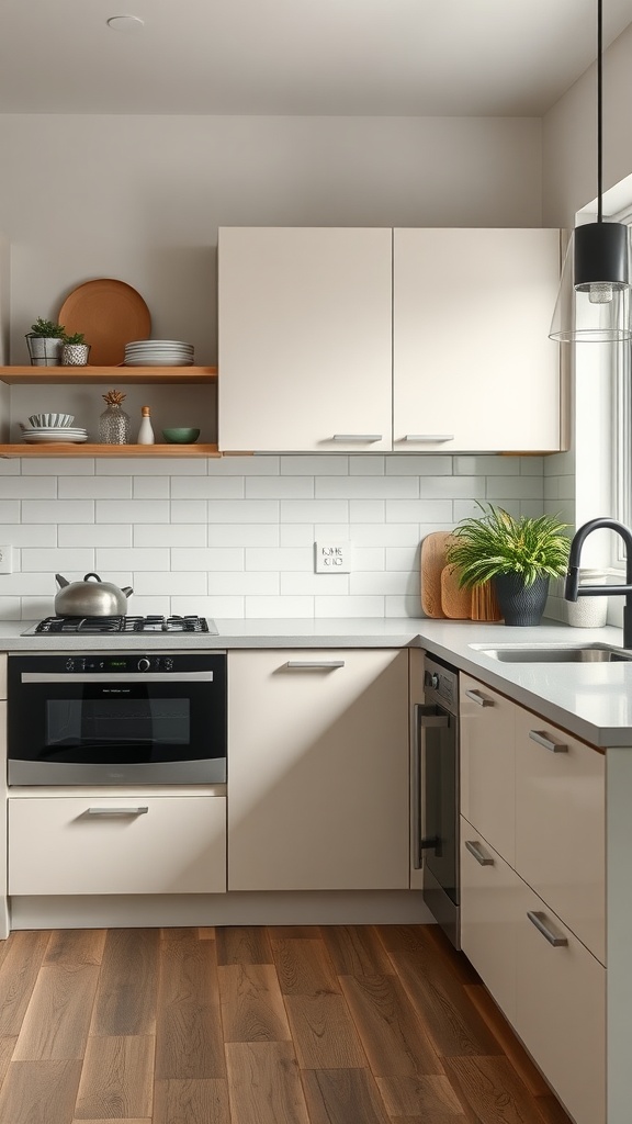 A modern Scandinavian kitchen with sleek appliances and minimal decor.