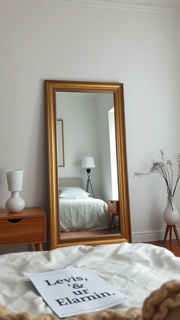 A minimalist bedroom featuring a gold-framed mirror, wooden furniture, and a cozy bed.