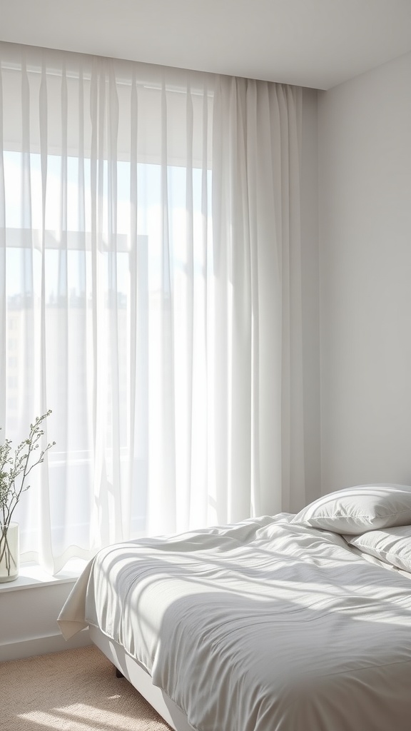 A minimalist bedroom with sheer white curtains allowing natural light to flow in, complementing the simple decor.