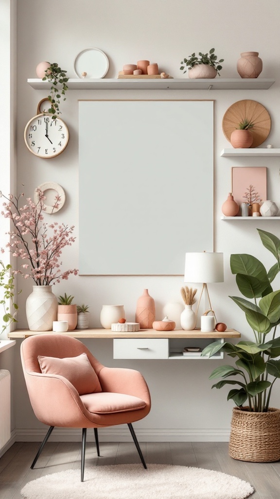 A cozy office space featuring artisan crafted decor, including vases, a chair, and plants in soft peach tones.