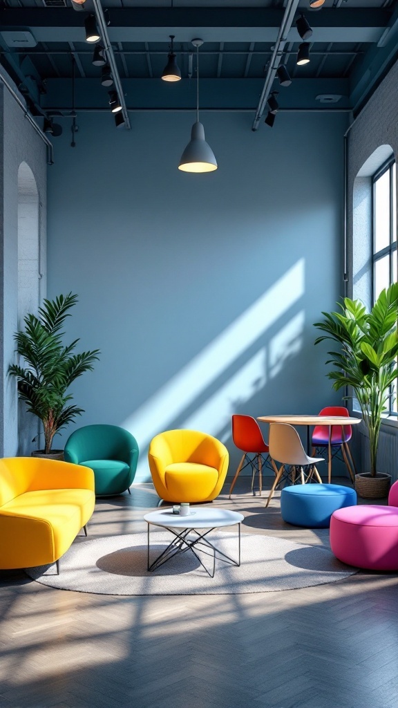 A bright and colorful collaborative work zone with modern seating and plants.