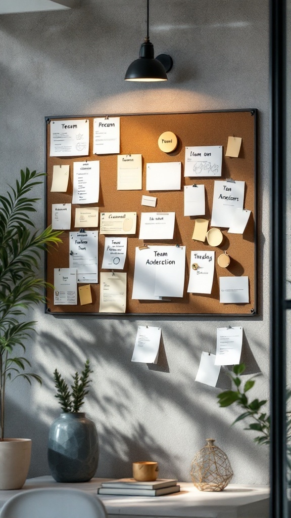 A creative bulletin board filled with notes and reminders, surrounded by plants and stylish decor.