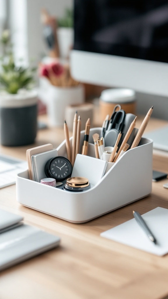 A stylish white desk organizer filled with office supplies on a wooden desk.