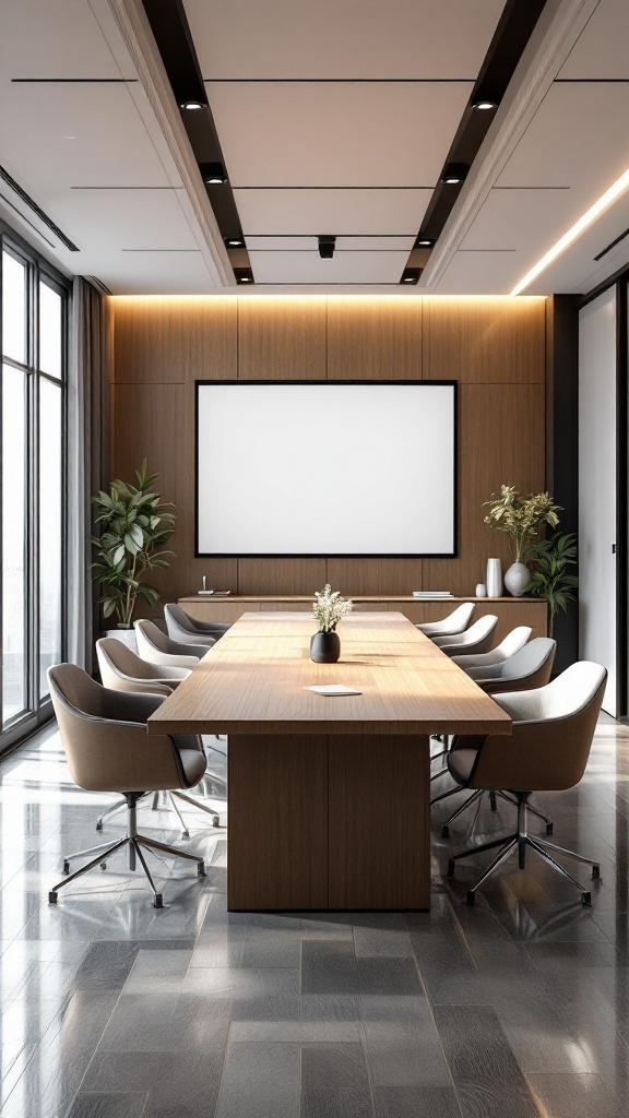 A modern meeting space featuring a large wooden table, comfortable swivel chairs, and plants, illuminated by natural light.