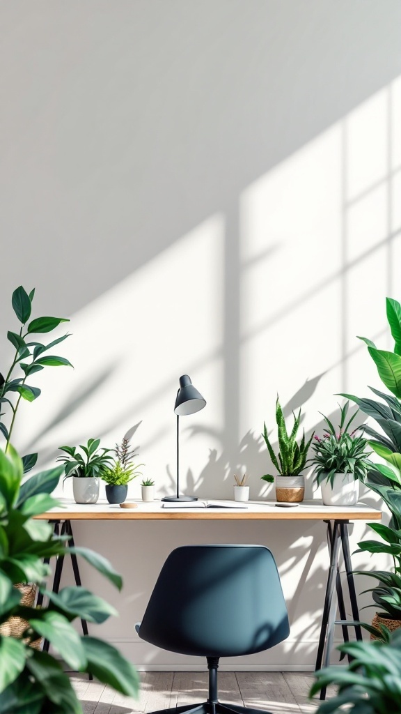 A bright office workspace with various potted plants on a desk, enhancing productivity.