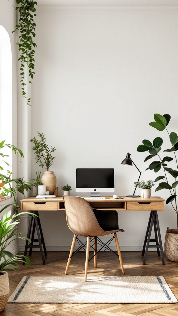 A beautifully arranged home office with wooden furniture, plants, and a cozy rug.