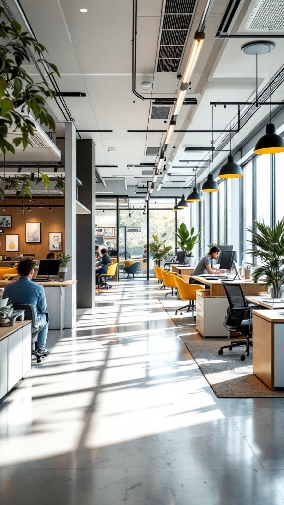 A modern office layout with bright yellow chairs, large windows, and greenery.