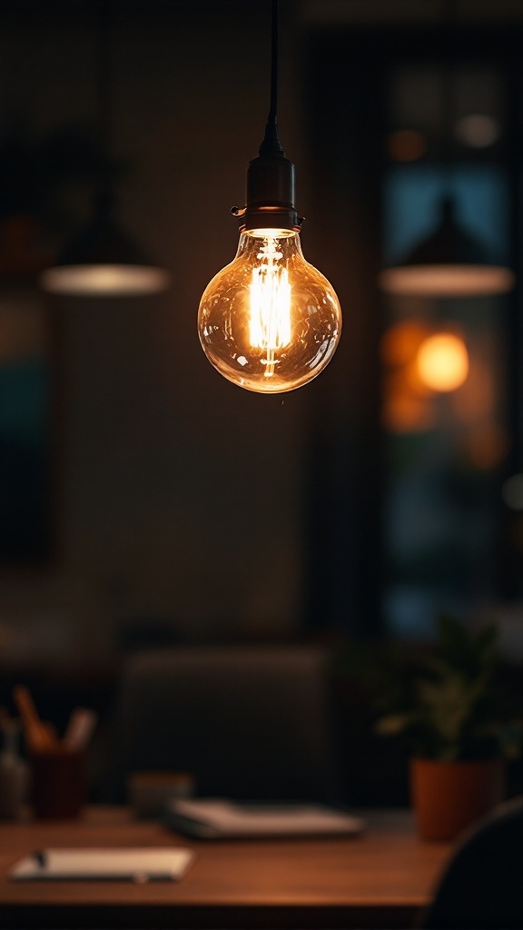 A warm glowing light bulb hanging in a dimly lit office setting.