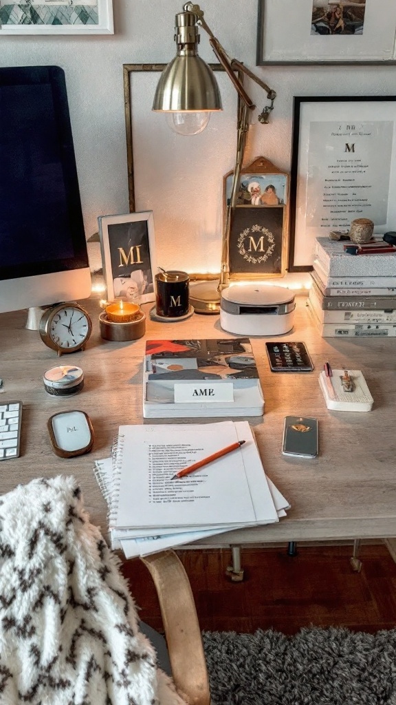 A cozy desk setup with personalized accessories including a lamp, frames, candles, and organized stationery.