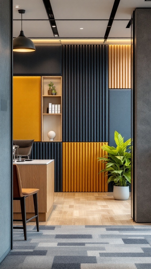 Modern office interior featuring sound absorbing wall panels in black and yellow, with wooden accents and a plant.