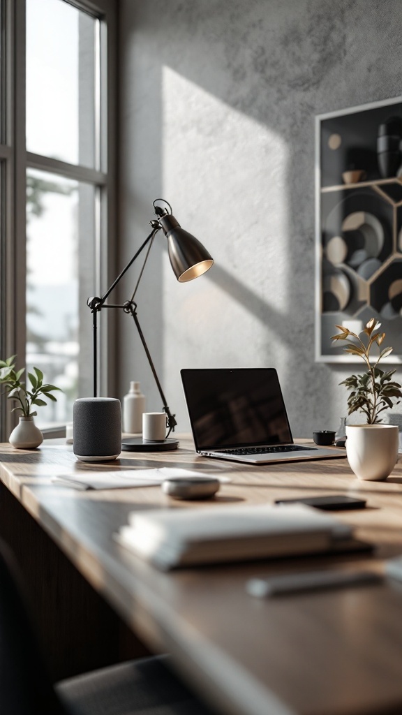 A modern office setup featuring a laptop, lamp, speaker, and plants