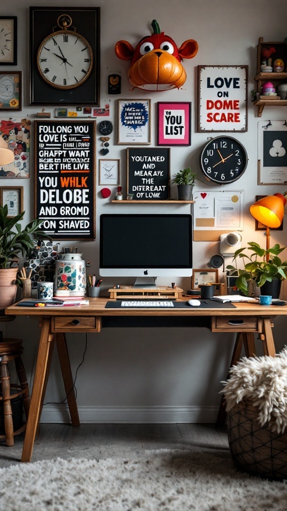 An eclectic workspace featuring a wooden desk, wall art, plants, and colorful decor.