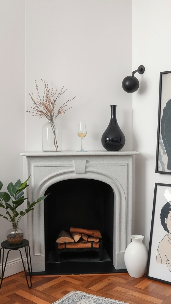 A stylish corner fireplace with a gray mantle, decorative vases, a glass of drink, and a neat stack of firewood.