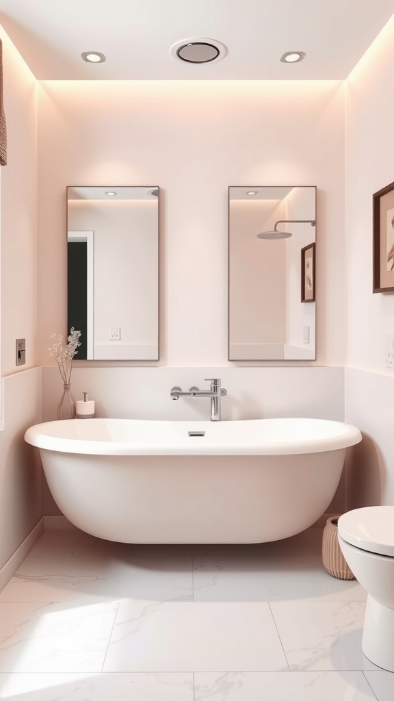 Modern bathroom featuring blush pink accents, freestanding bathtub, and elegant mirrors.