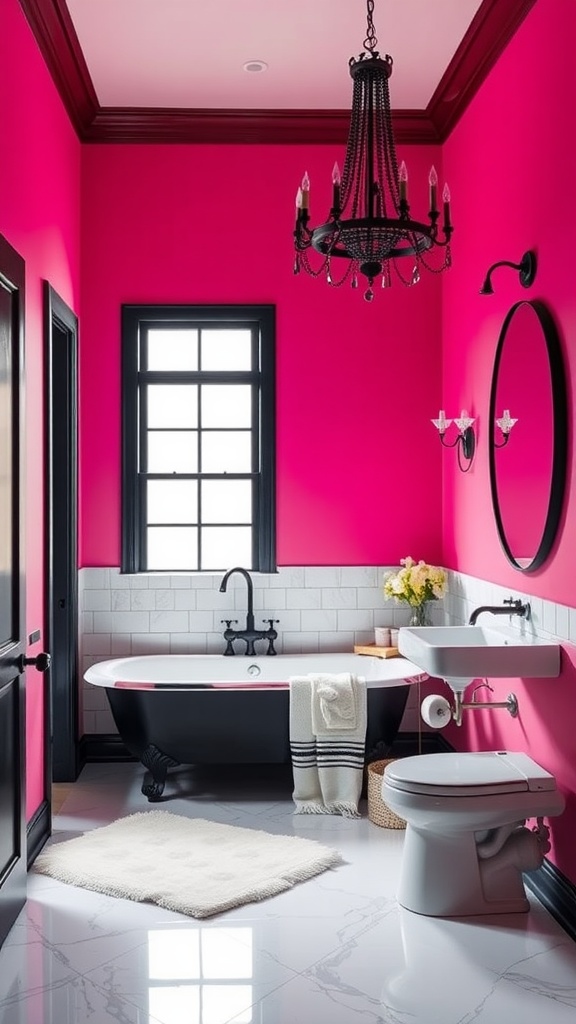 A vibrant pink bathroom featuring a black clawfoot tub, black accents, and modern fixtures.