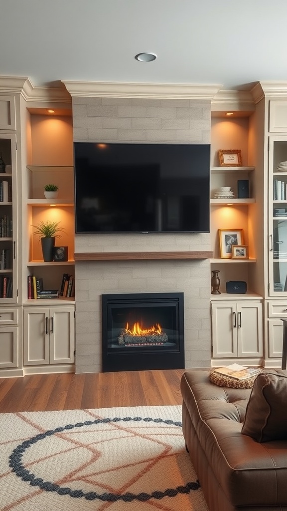 A stylish media wall featuring a fireplace, TV, and built-in storage cabinets.