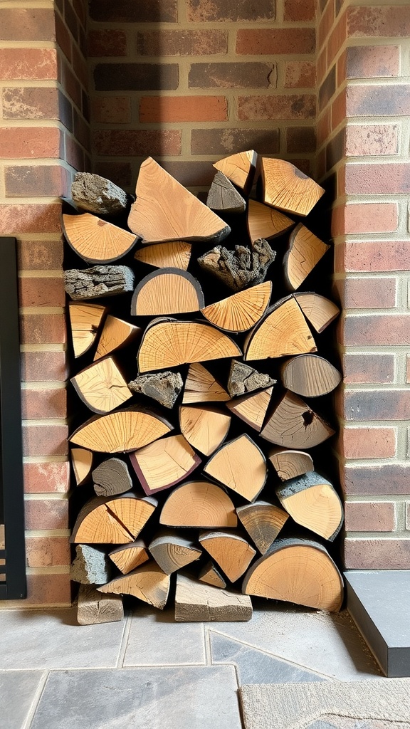 Stacked firewood in a fireplace setting