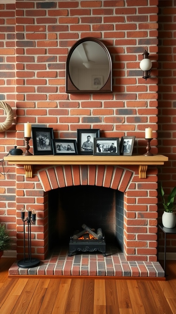 A classic brick corner fireplace with a wooden mantel, framed photographs, a mirror, and candles, creating a cozy atmosphere.