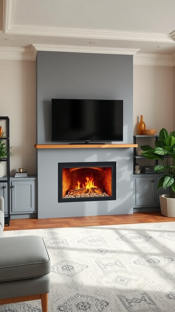 A modern media wall featuring a fireplace and TV, in a coordinated color palette of grays, wood tones, and greenery.