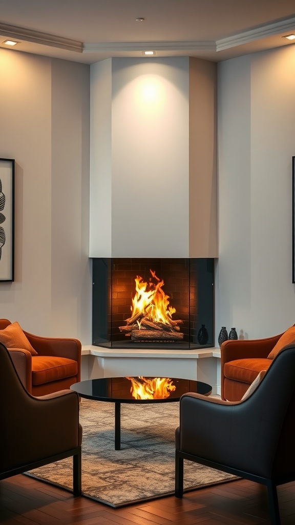 A contemporary living room featuring a glass-encased corner fireplace with orange chairs and a round coffee table.