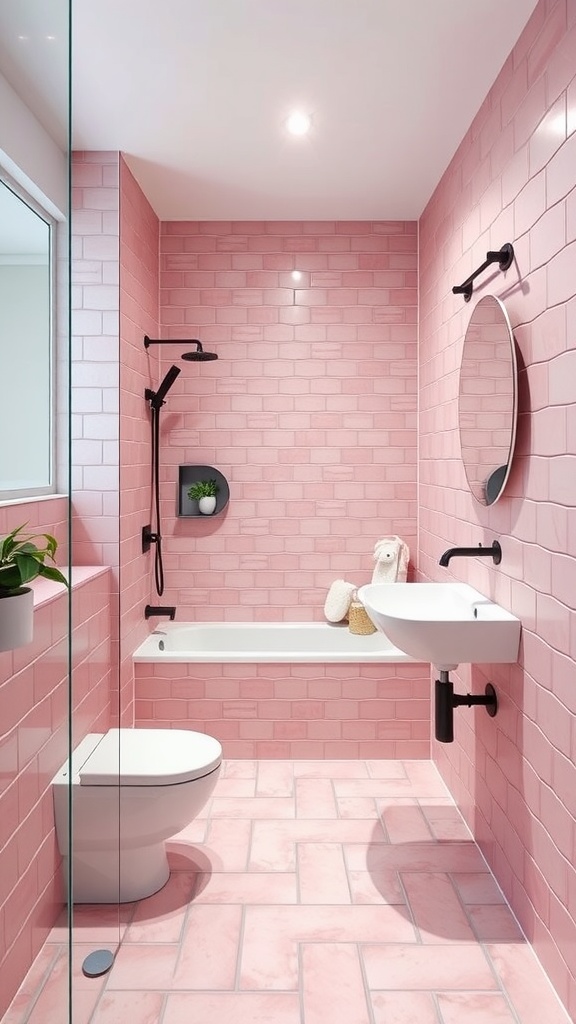 A contemporary pink bathroom featuring geometric tile designs, black fixtures, and a minimalistic layout.