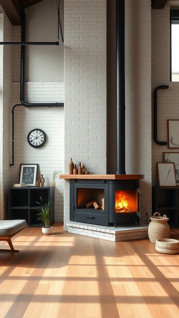 A cozy corner fireplace in a modern loft space, featuring a black stove, light brick wall, wooden mantel, and stylish decor.