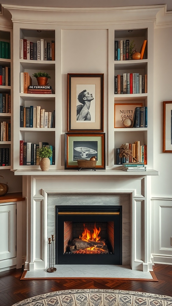 A cozy corner fireplace with built-in shelves, surrounded by books and decorative items, exuding warmth and style.