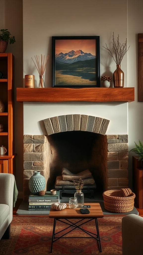 A cozy corner fireplace with wood accents, featuring a stone surround, a wooden mantel, and decorative items.