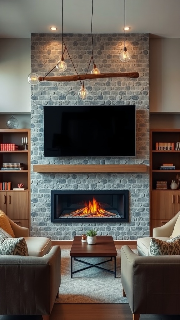 A cozy living room with a media wall featuring a fireplace under a TV, surrounded by comfortable chairs.