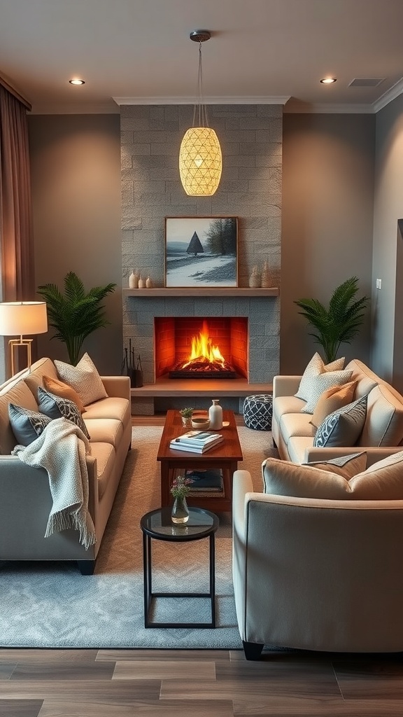 A cozy living room with two sofas facing each other around a fireplace, featuring a wooden coffee table and decorative elements