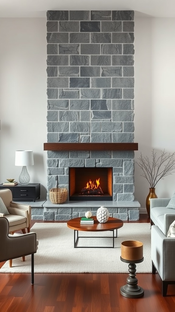 A cozy living room featuring a large stone fireplace with a wooden mantel, surrounded by comfortable seating and a coffee table.