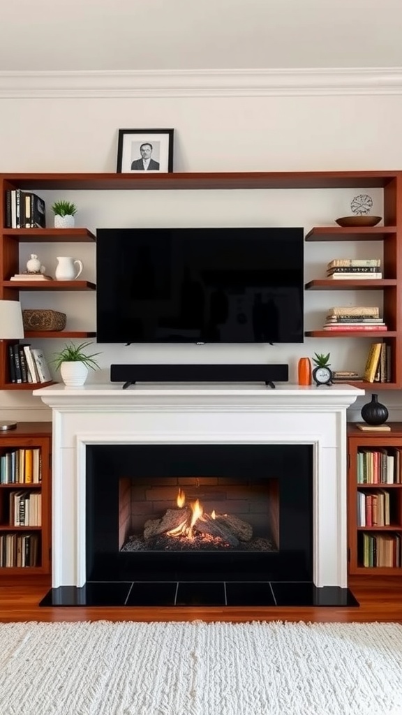 A media wall featuring a fireplace and TV, surrounded by stylish shelving.