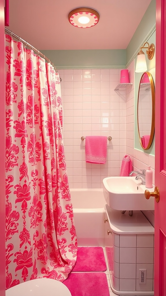 A vibrant pink bathroom with a floral shower curtain, pink towels, and a mint green trim.