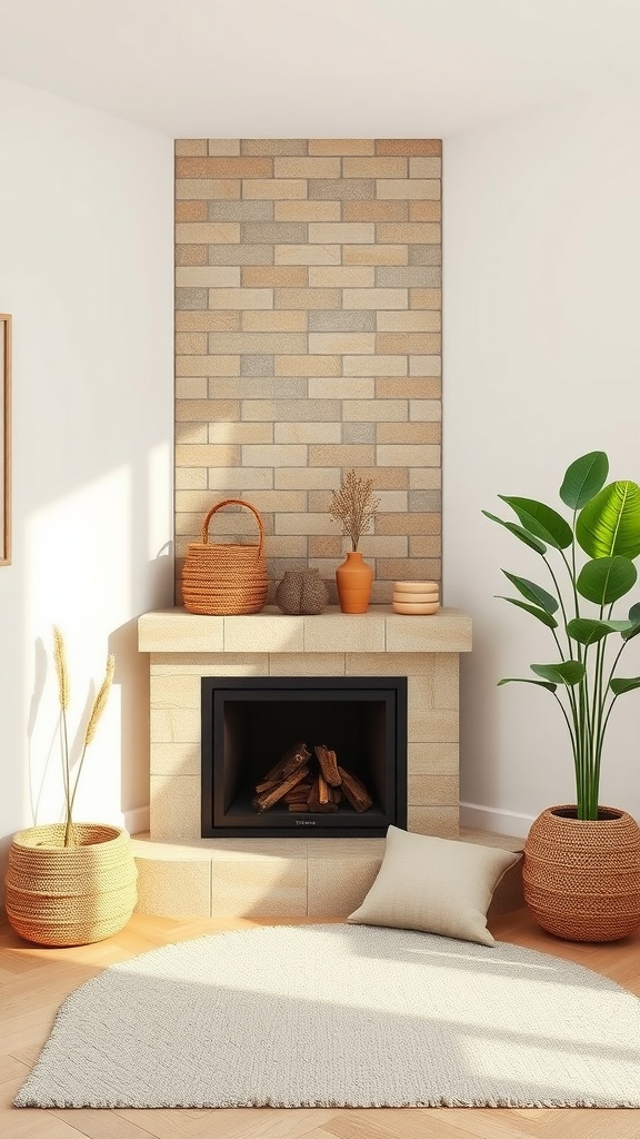 A cozy corner fireplace with a light stone design, surrounded by plants and natural decor.