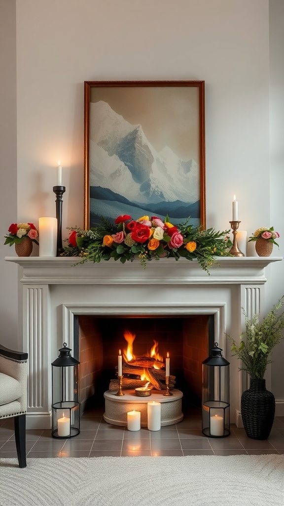 A stylish living room mantel with a fireplace, adorned with candles, lanterns, and vibrant floral decor.