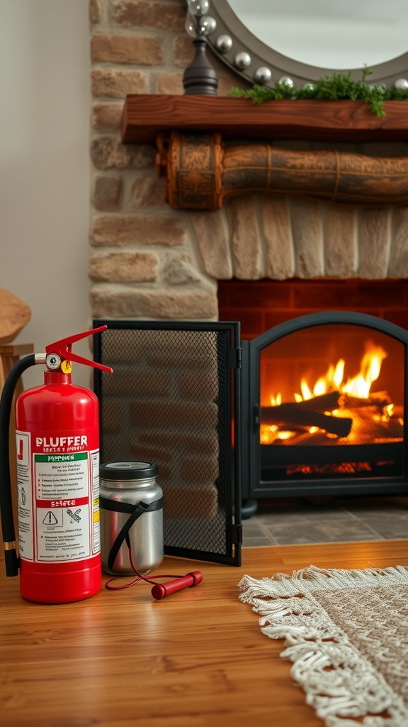 A cozy living room featuring a fireplace with a fire extinguisher and safety tools nearby.