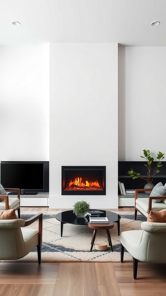 A modern living room featuring a sleek fireplace, comfortable seating, and a stylish coffee table.