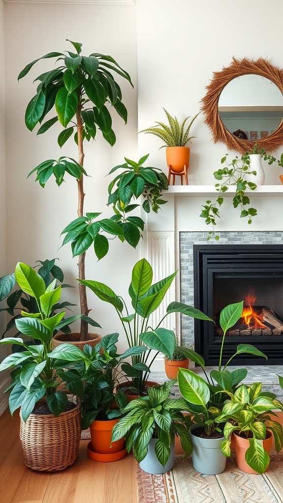 Living room with indoor plants next to a fireplace, featuring various sizes and types of greenery in colorful pots.