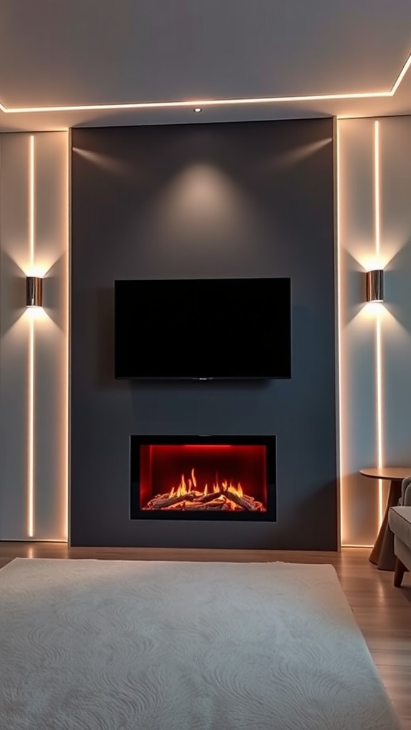 A modern media wall featuring a fireplace and TV, illuminated by soft LED lighting.