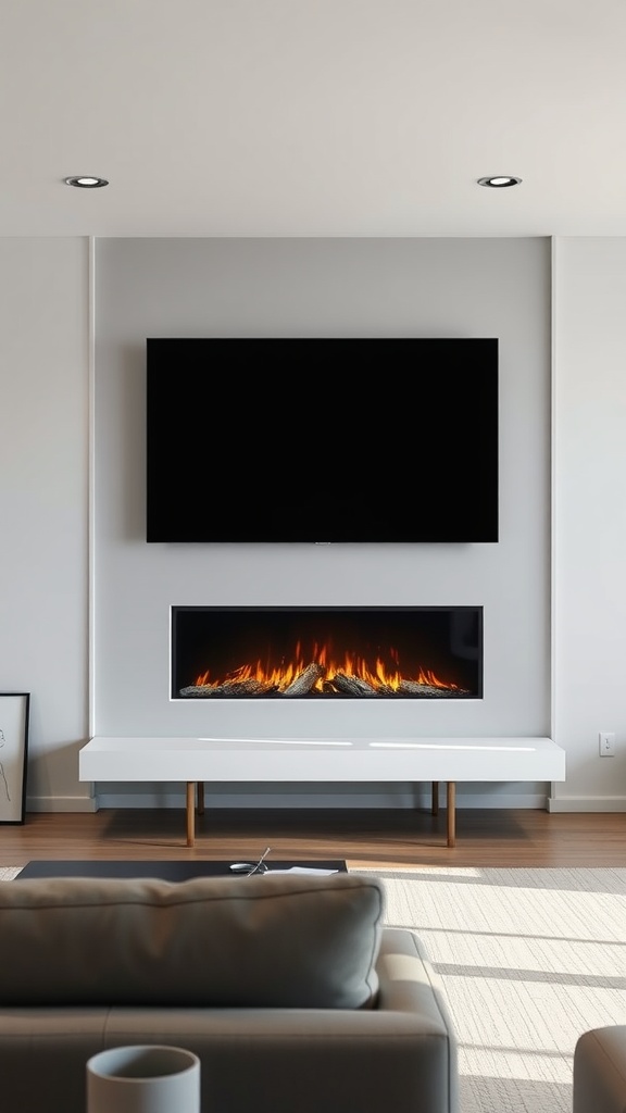 A minimalist media wall featuring a TV mounted above a fireplace in a modern living room.