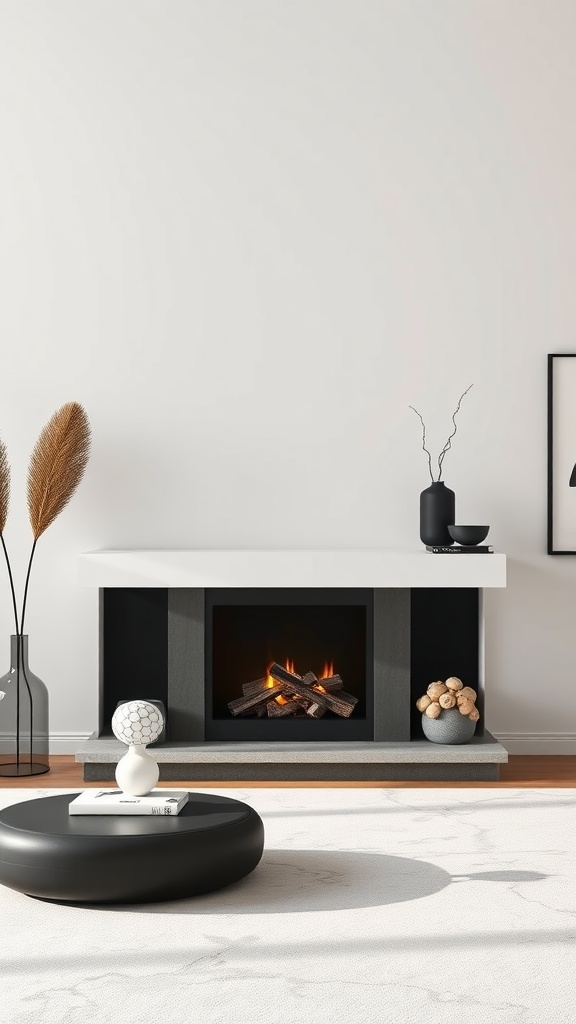 A modern minimalist corner fireplace with a white top and gray base, featuring logs inside, surrounded by a simple decor.