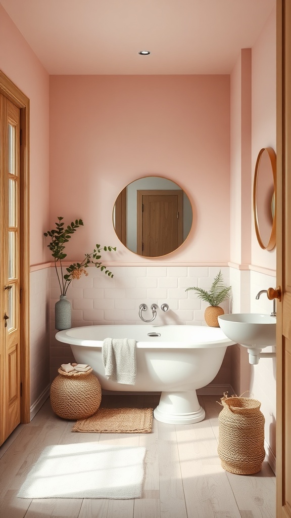 A pastel pink bathroom featuring a white bathtub, natural wood elements, and plants