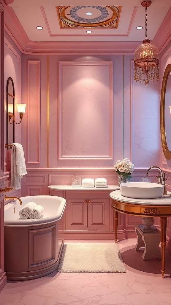 A luxurious pink bathroom featuring gold finishes, a freestanding tub, and elegant lighting.