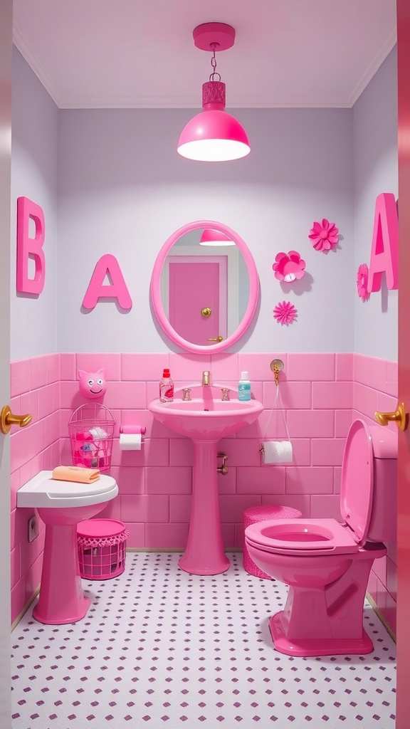 A playful pink bathroom featuring pink tiles, fixtures, and accessories, creating a cheerful atmosphere.