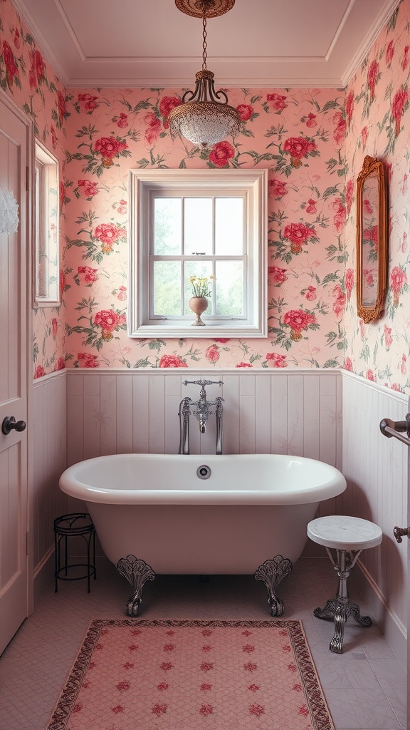 A charming bathroom featuring pink floral wallpaper, a vintage bathtub, and elegant lighting.