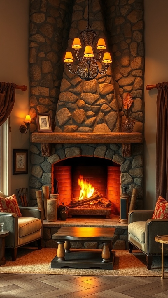 A rustic stone corner fireplace with a cozy seating arrangement and warm lighting.