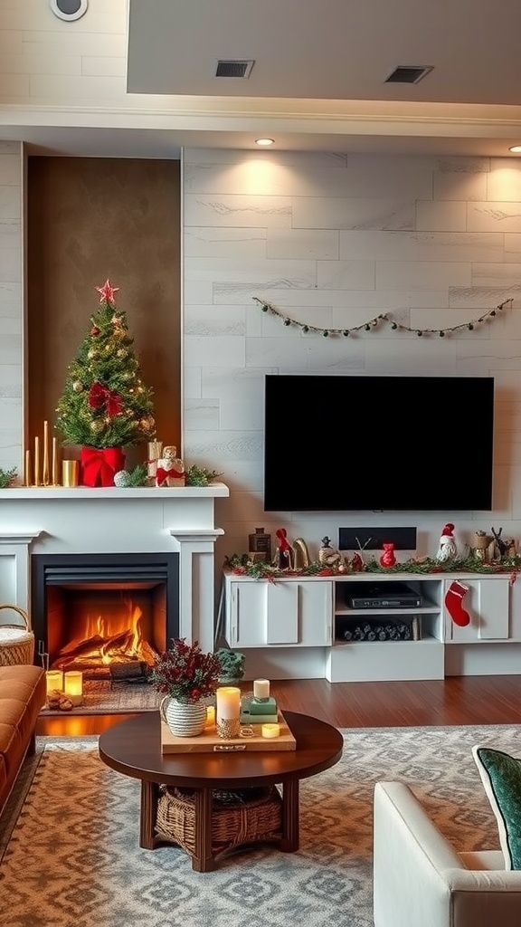 Cozy living room with a fireplace, TV, and Christmas decorations