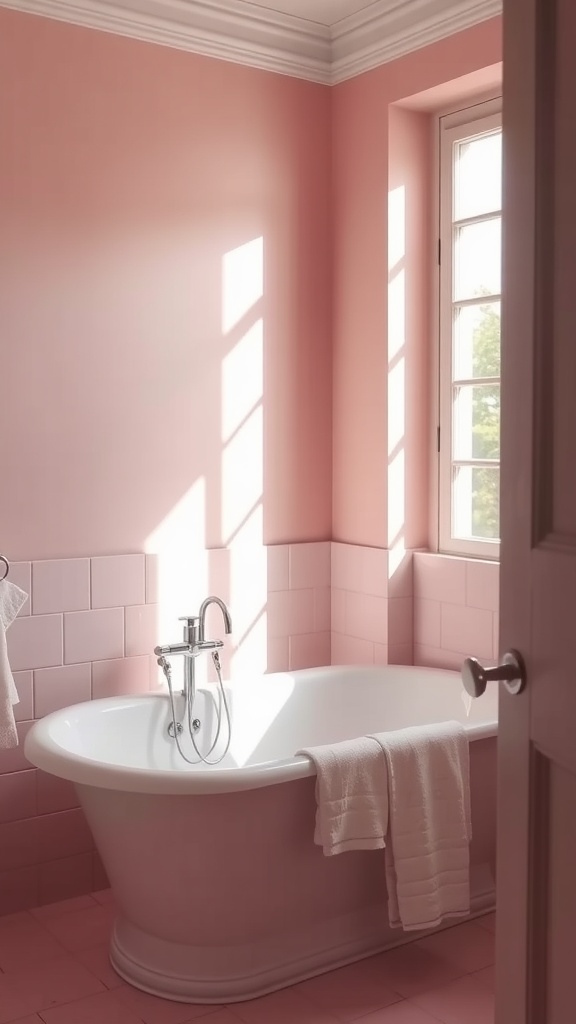 A serene pink bathroom featuring a freestanding tub, soft pink walls, and natural light.