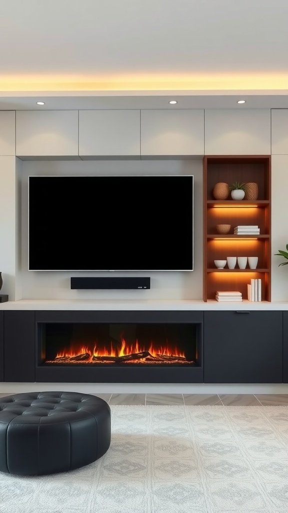 Media wall featuring a fireplace and TV with shelves and a pouf