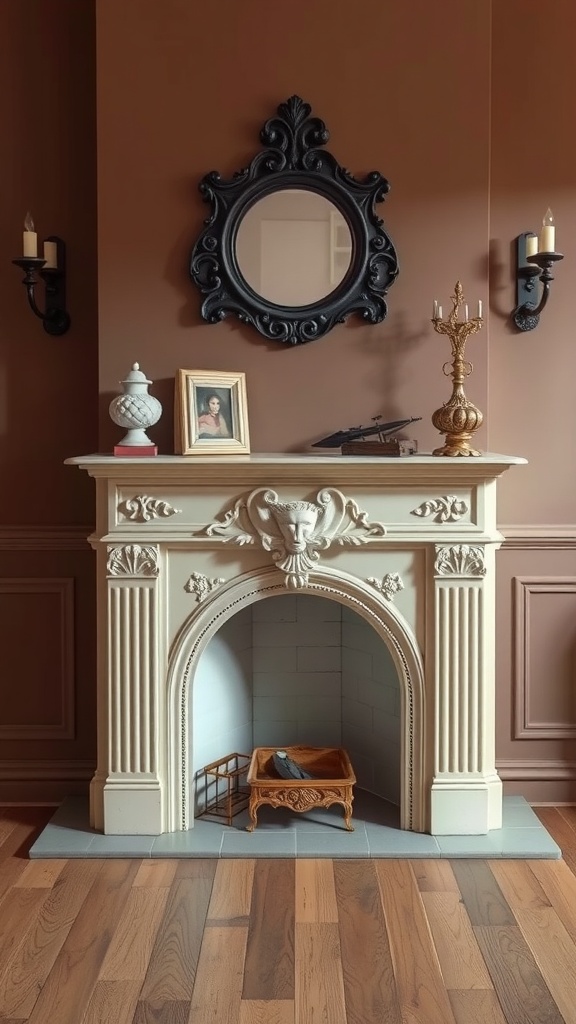 A vintage-style corner fireplace with a decorative mantel, framed portrait, and elegant mirror.